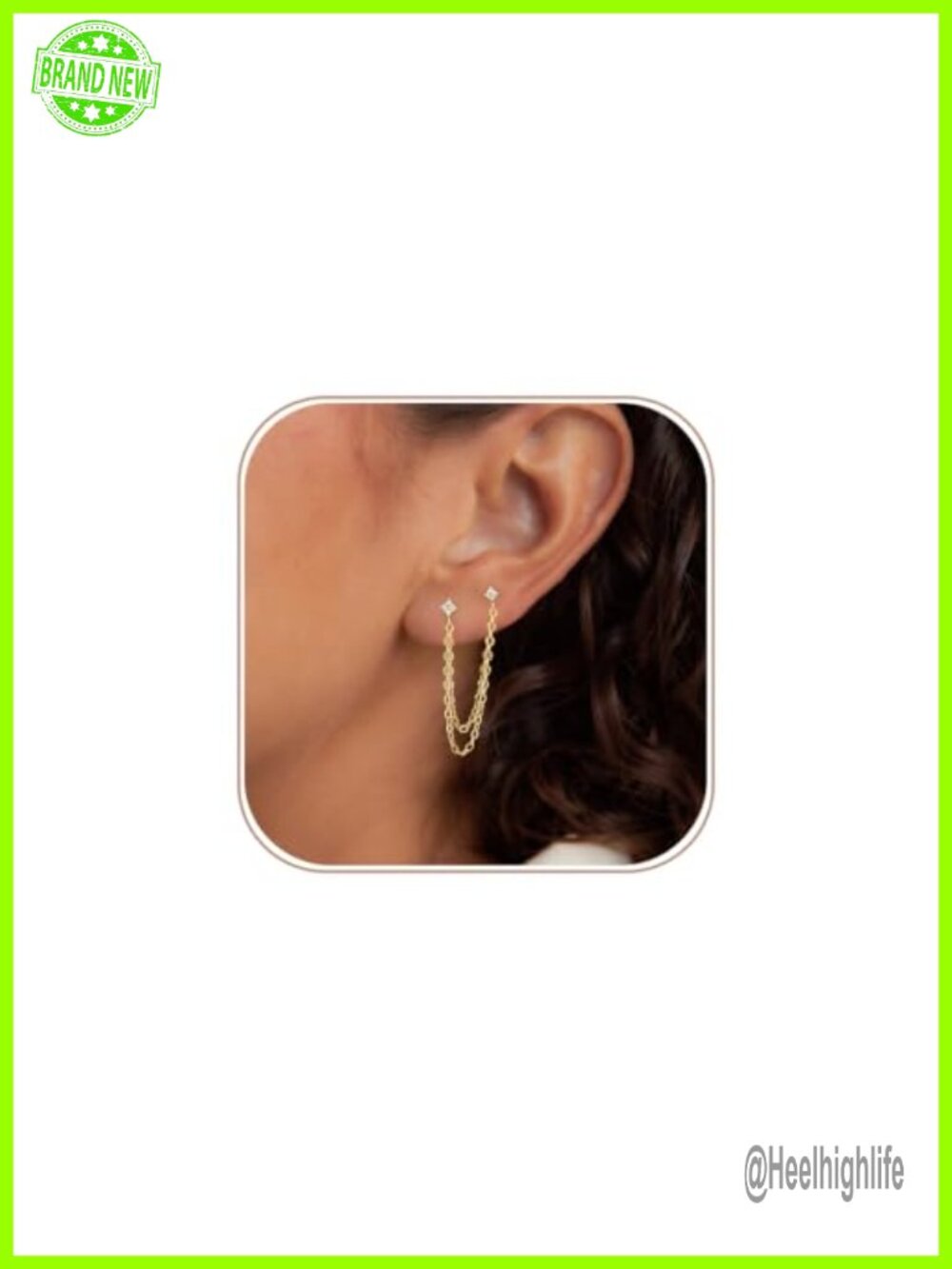 Gold Plated Double Piercing Zircon Stud Chain Earrings Hypoallergenic